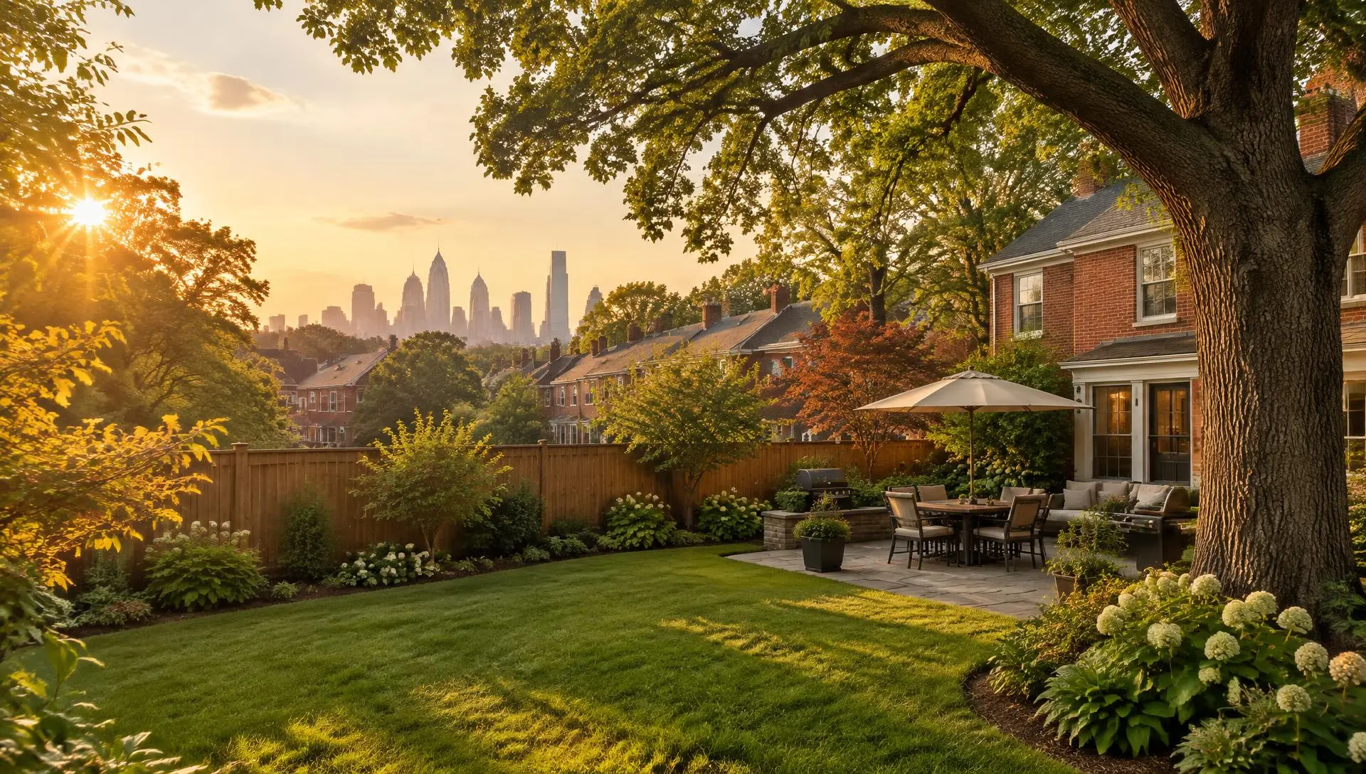 Golden-hour backyard near Philadelphia with a mature oak, brick house, wooden fence and patio